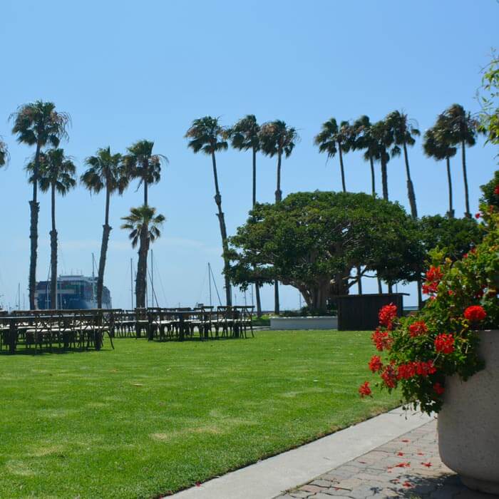 tables set up at marina event space